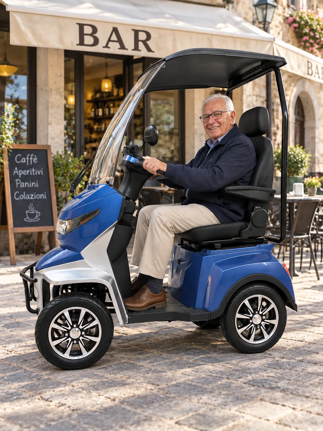 SENIORBIKE parcheggiato accanto a un tavolino di un caffè in centro