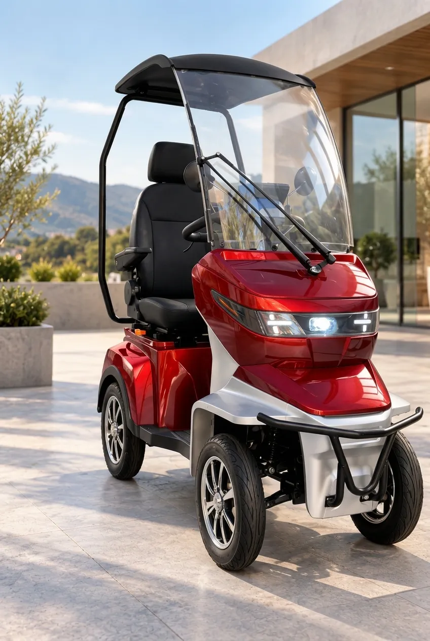 SENIORBIKE RED Flame con tettuccio e parabrezza, vista tre quarti anteriore